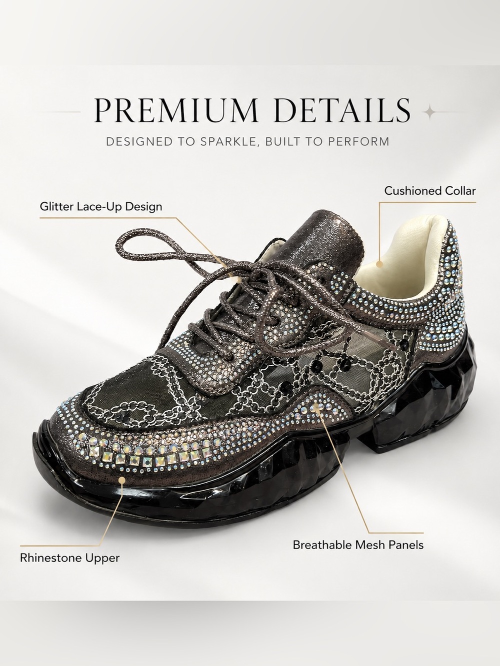 Women's Crystal-Embellished Metallic Gray Fashion Sneaker - Picture 2 of 7